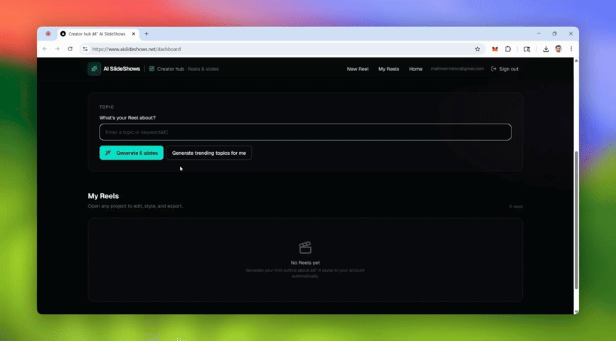 AI SlideShows studio preview — vertical slideshow editor and exports